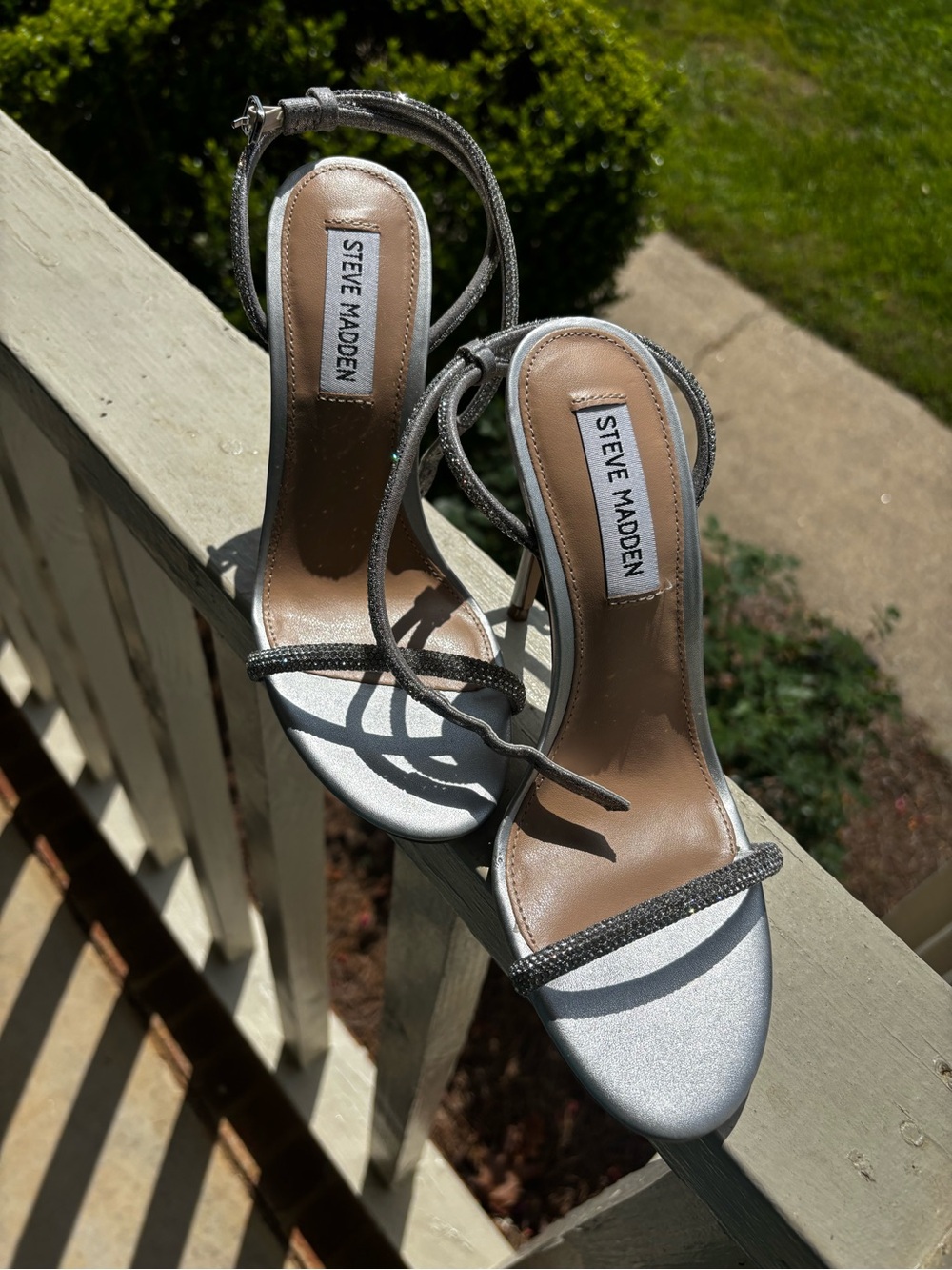 Steve Madden Silver Rhinestone Strap High-Heel Sandals - Picture 9 of 10